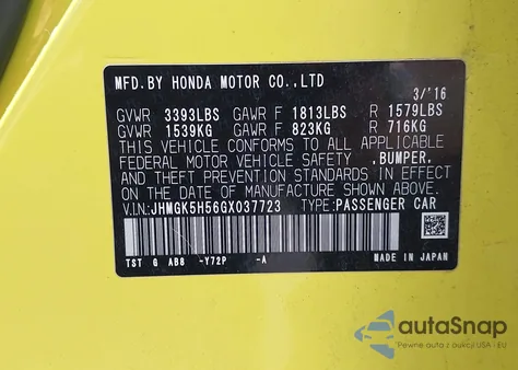 2016 Honda Fit Lx from USA, damaged, VIN JHMGK5H56GX037723